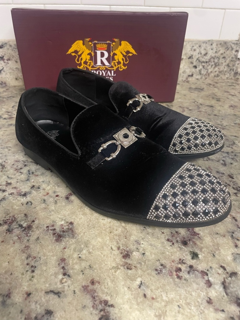 Velvet loafers slip on shoe rhinestone-embellished toe cap decorative buckle 13